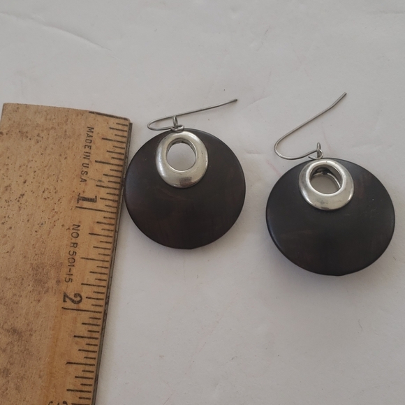 Round Wood Disc Earrings w/Silver - Picture 3 of 7